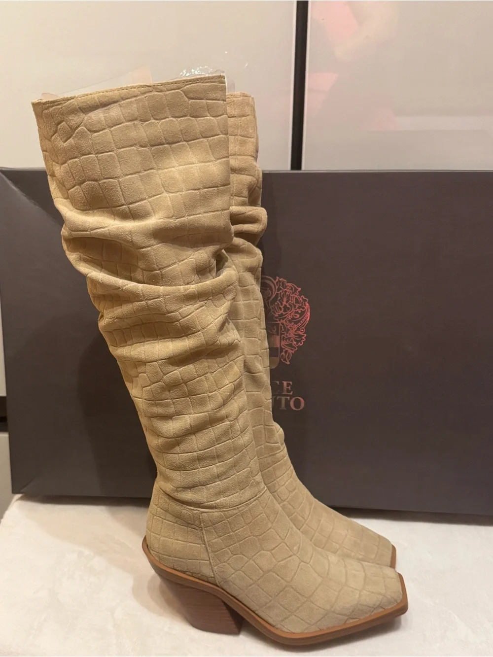 Vince Camuto Beige Croc-Embossed Over-the-Knee Boots